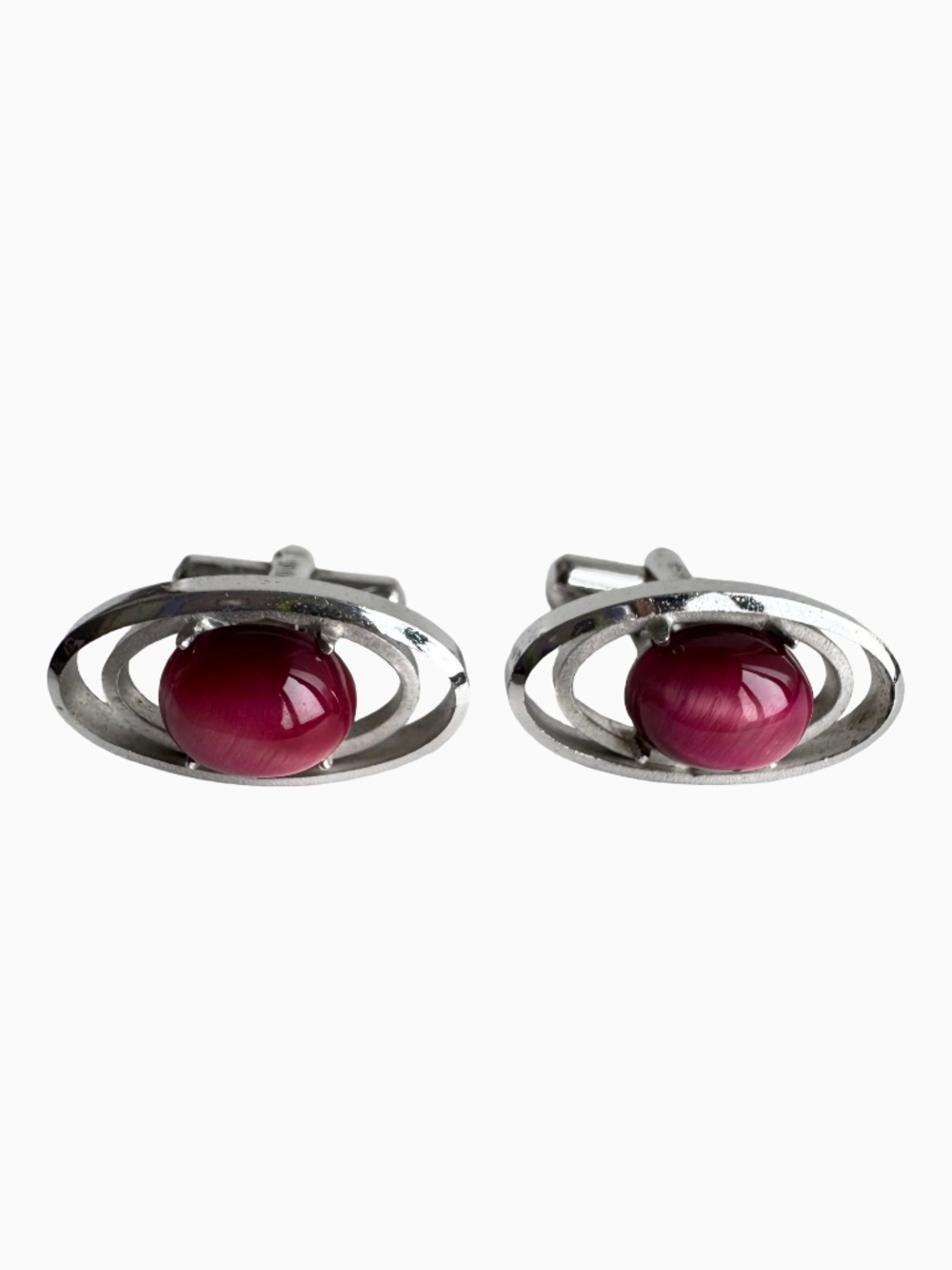 Vintage Silver Tone Cat Eye Cufflinks Pink Orbital Oval Mens Formal Groom Suits